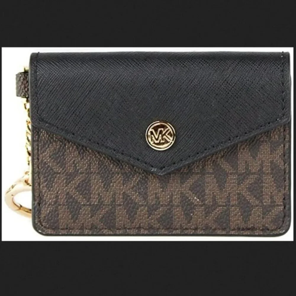 MICHAEL KORS KALA SMALL FLAP KEY RING CARD CASE WALLET MK BROWN BLACK